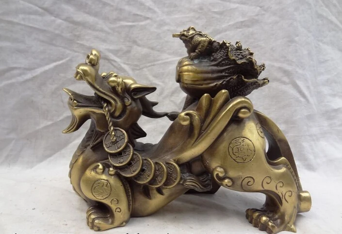 

Fast shipping USPS to USA S1355 10" Chinese Pure Bronze Wealth Cai Coin Unicorn Kylin Toad Cabbage Brass Statue