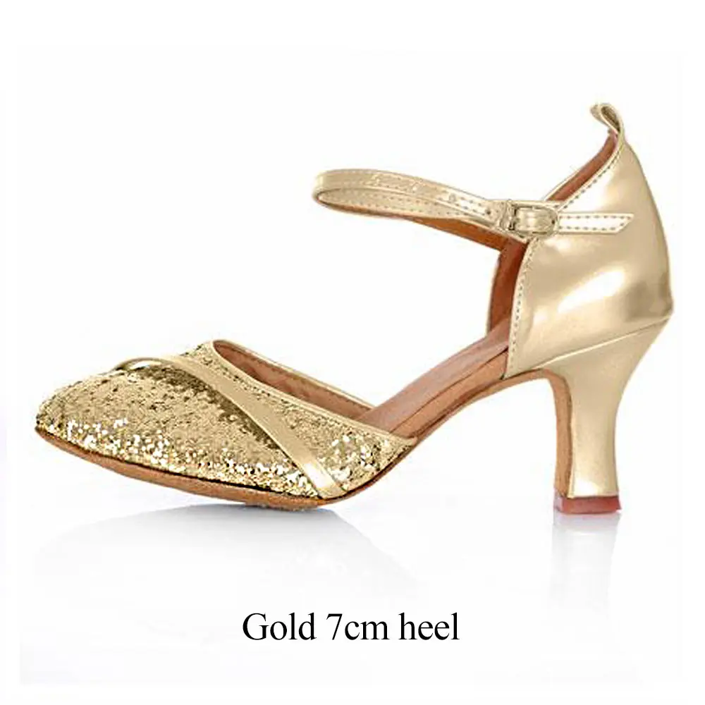Обувь для латинских танцев, сальсы с закрытым носком для женщин/девочек, Каблук 5 см/7 см, танцевальная обувь для бальных танцев, танго,, танцевальная обувь для выступлений - Цвет: Gold 7cm