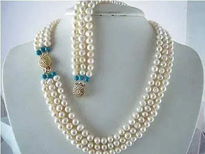 

10X10 jewerly free shipping7-8MM 3 row WHITE FW PEARL NECKLACE +BRACELET SET