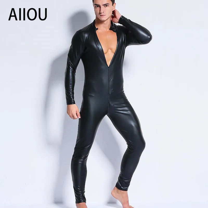 

AIIOU Sexy Men's Black Faux Leather Jumpsuits Long Sleeves Deep V Fetish Wrestling Singlet Bodybuilding Bodysuits Men Jumpsuits
