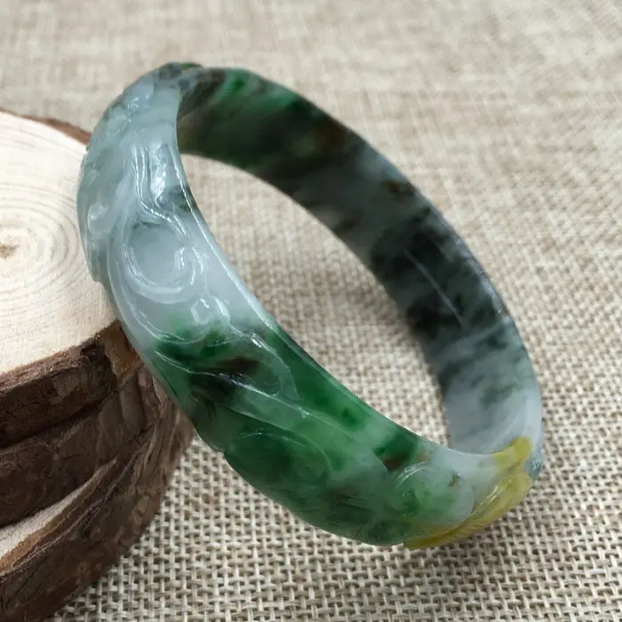 

A-137 Beautiful Hand-carved Emerald Green Jadeite Jade Gems Bracelet Bangle 61mm