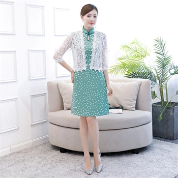 

Shanghai Story 2018 Knee length Cheongsam chinese traditional dress oriental dresses two piece suit polka dot Qipao for Women