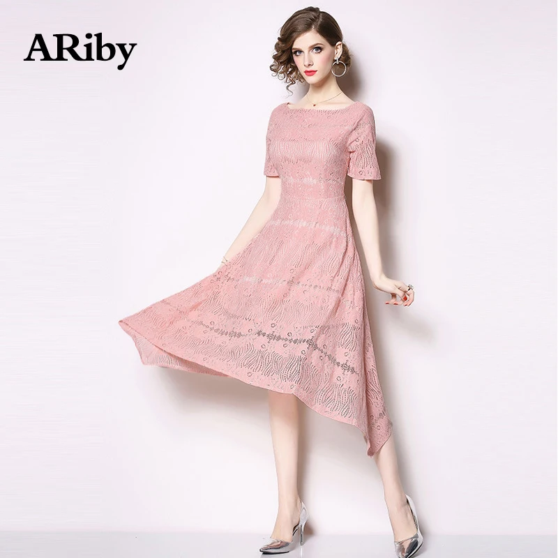 Women Dress Pink Lace Dress 2019 Summer Fashion Temperament Sweet Solid Short Sleeve Slim Lace Irregular Hollow Out A-Line Dress