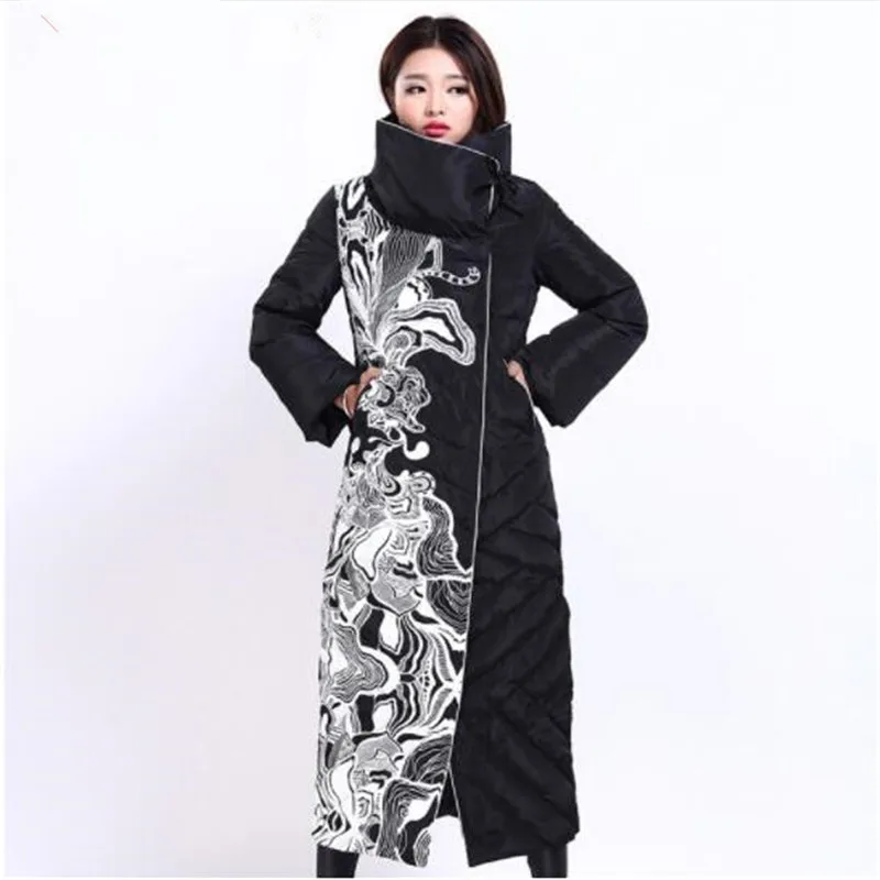 

2019 Winter Women's Jacket Fashion Female X-Long Print Slim Thick White Duck Down Coat Elegant European Style Warm Overcoat