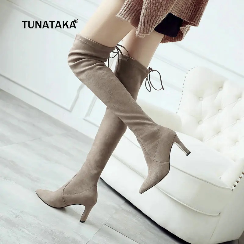 

Women Suede Square High Heel Over the Knee Boots Fashion Slip On Pointed Toe Fall Winter Stretch Thigh Boots Black
