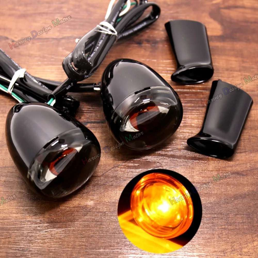 Rear Black Bullet Turn Signals&Bracket For Harley Dyna Softail Fatboy
