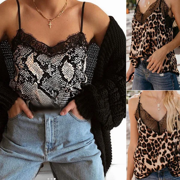 Women Splice Camisole Leopard Print Snake Skin Pattern Lace V Collar Tops for Summer SSA-19ING | Женская одежда
