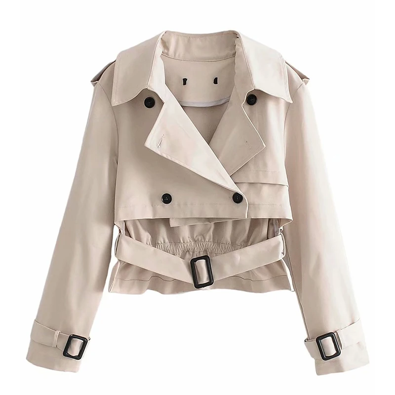

Fall 2018 Women Elegant Short Style Trench Coat Bow Tie Sashes Double Breasted Pleated Irregular Ladies Solid Chic Crop Tops
