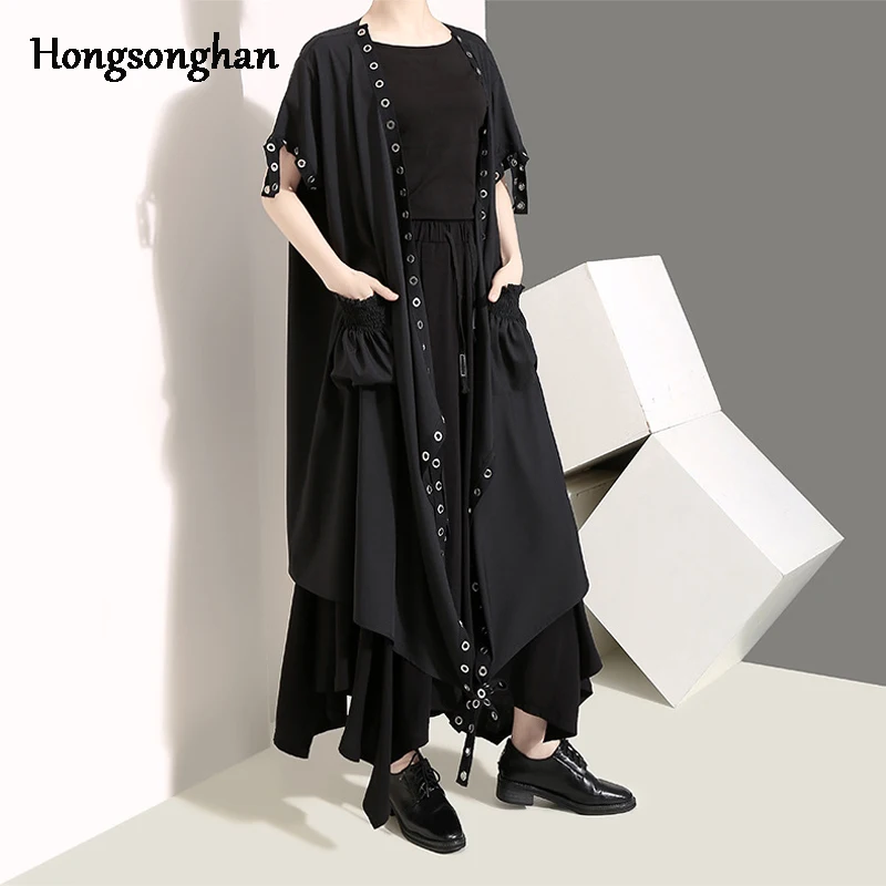 

Hongsonghan New Women Rivet Long Jacket Summer Loose Cardigan Casual Short Sleeved Thin Coats Ladies Vintage Ribbons Outerwear