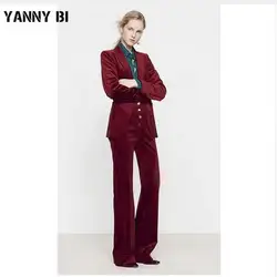 Бордовые бархатные Для женщин Бизнес костюмы Штаны с высокой посадкой женские офисные Форма Тонкий Формальные Дамы элегантные комплекты