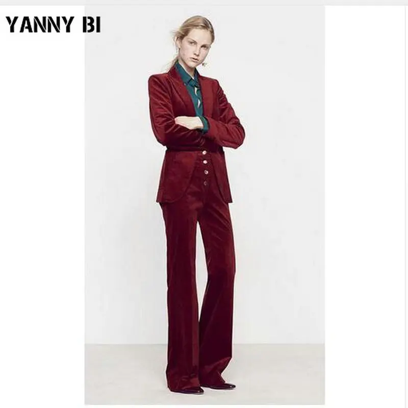 Burgundy Velvet Women Business Suits High Waist Pants Female Office Uniform Slim Formal Ladies Elegant Pant Suits Custom Made Burgundy Velvet Women Business Suits High Waist Pants Female Office Uniform Slim Formal Ladies Elegant Pant Suits Custom Made