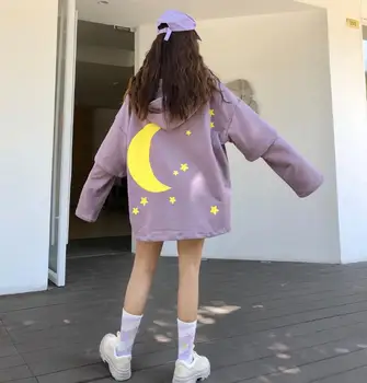 

Autumn and winter women's long section stars moon hooded loose sweatshirt