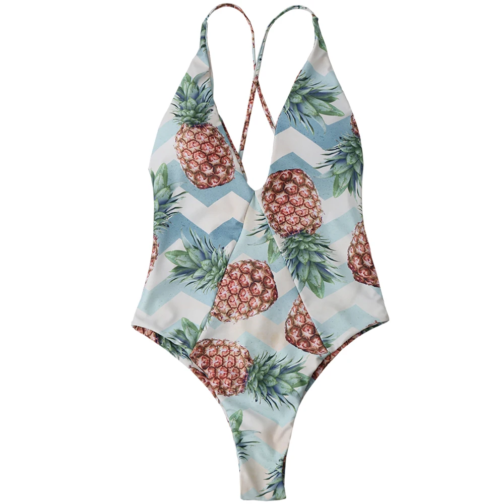 

Pineapple Bathing Suit High Cut Cross Back Summer Swimsuit Strappy Back Tropical Style Pineapple Print Swimwear