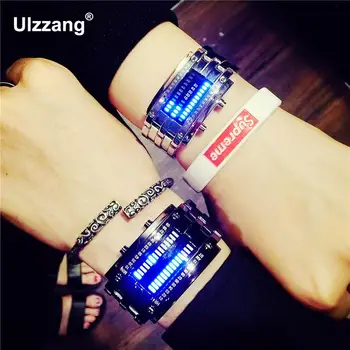 

Fashion Red Blue Light LED Full Stainless Steel Digital Wristwatches Wrist Watch for Men Women Unisex Black Silver