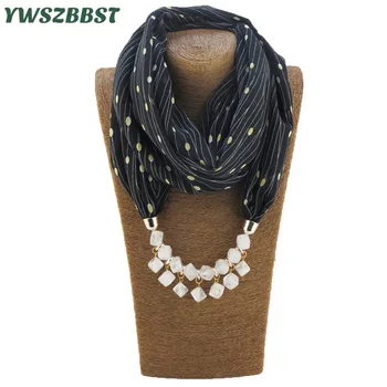 

New Summer Striped Women Chiffon Scarf Ring Necklace Fashion Sunscreen Muslim Women Silk Scarves With Square Resin Necklace