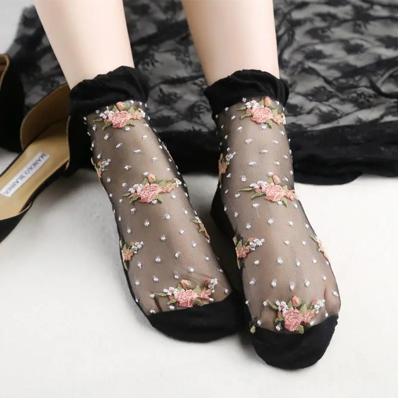 2pair=4pcs Women Lace Socks Ruffle Ankle Sock Soft Comfy Sheer Silk
