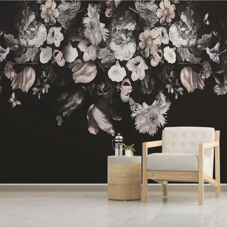 Dark Color Vintage Black And White Floral Wallpaper Wall Murals