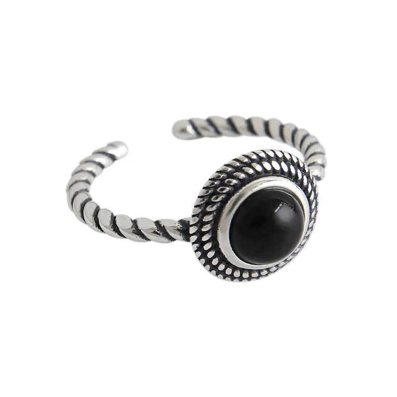

Retro Round Natural Black Agate Twisted 925 Sterling Silver Adjustable Ring