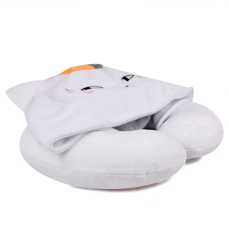 1pcs Cartoon Animals U Shaped Neck Pillow with Hat Nyanko Sensei Portable Travel Hooded Pillow Support Head Rest Neck Cushion