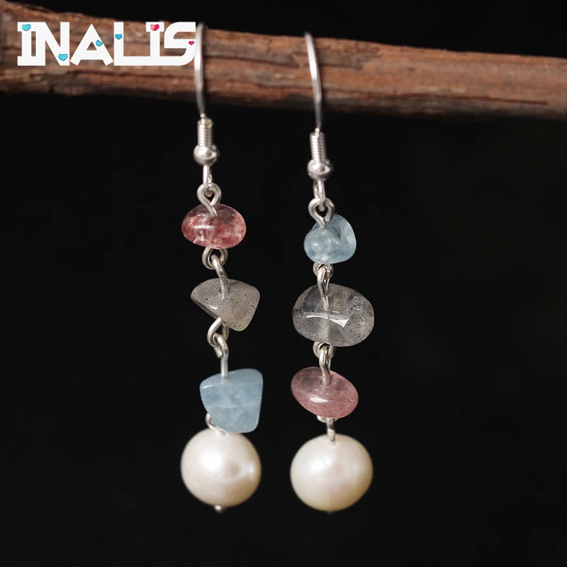

INALIS New Unique Design S925 Sterling Silver Ear Hook Multi Irregular Natural Crystal Freshwater Pearl Dangle Drop Earrings