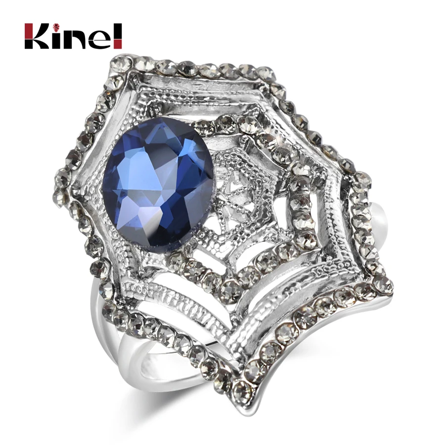 

Kinel Unique Blue Glass Stone Ring Antique Silver Mosaic Gray Crystal Cobweb Rings For Women Party Gifts Vintage Jewelry