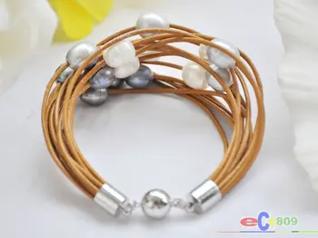 

15row 8 " 13 mm blanc noir gris perle de riz caf bracelet en cuir