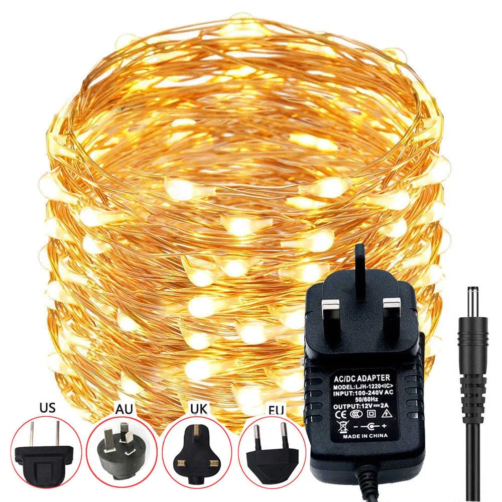 thumbnail image 1 of Guirnalda de luces LED de cobre con microalambre de arroz, 10 m y 20 m, 12 V CC, para fiestas, color blanco cálido, azul, RGB+, 12 V, 2 A/1 A, adaptador de corriente para Reino Unido, UE, AU y EE. UU., 1 of 4