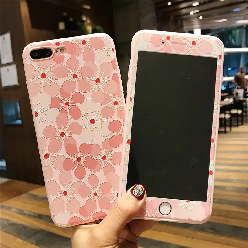 

For iPhone 8 8Plus sakura flowers case+ Tempered Glass soft tpu screen protector For iPhone 7 /7Plus / 6 6splus case + flim