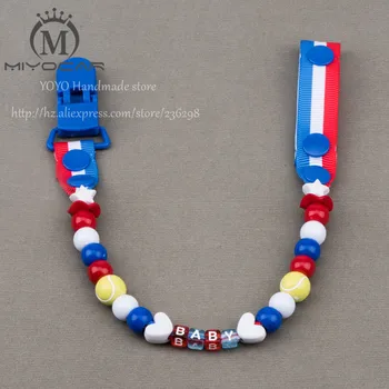 

MIYOCAR Personalised -Any name Hand made blue red white tennis beads dummy clip holder pacifier clips soother chain for baby