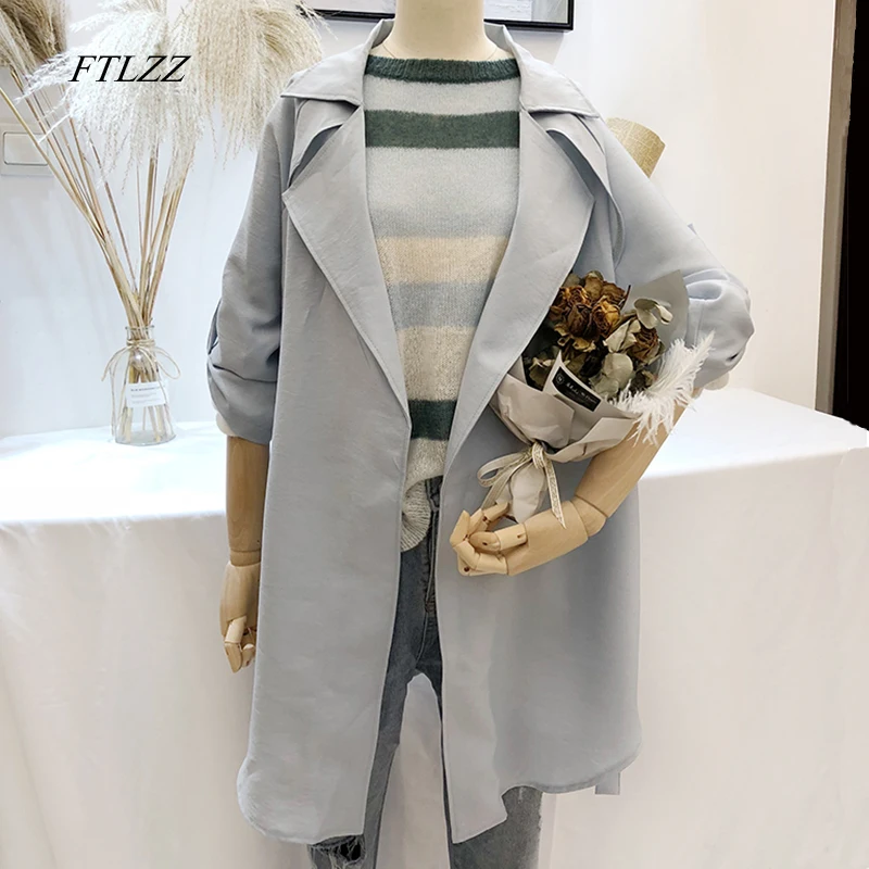 

FTLZZ Spring Autumn Women's Casual Windbreaker Trench Turndown Collar Trench Outerwear Solid Color Trench Belt Slim Tops Trench