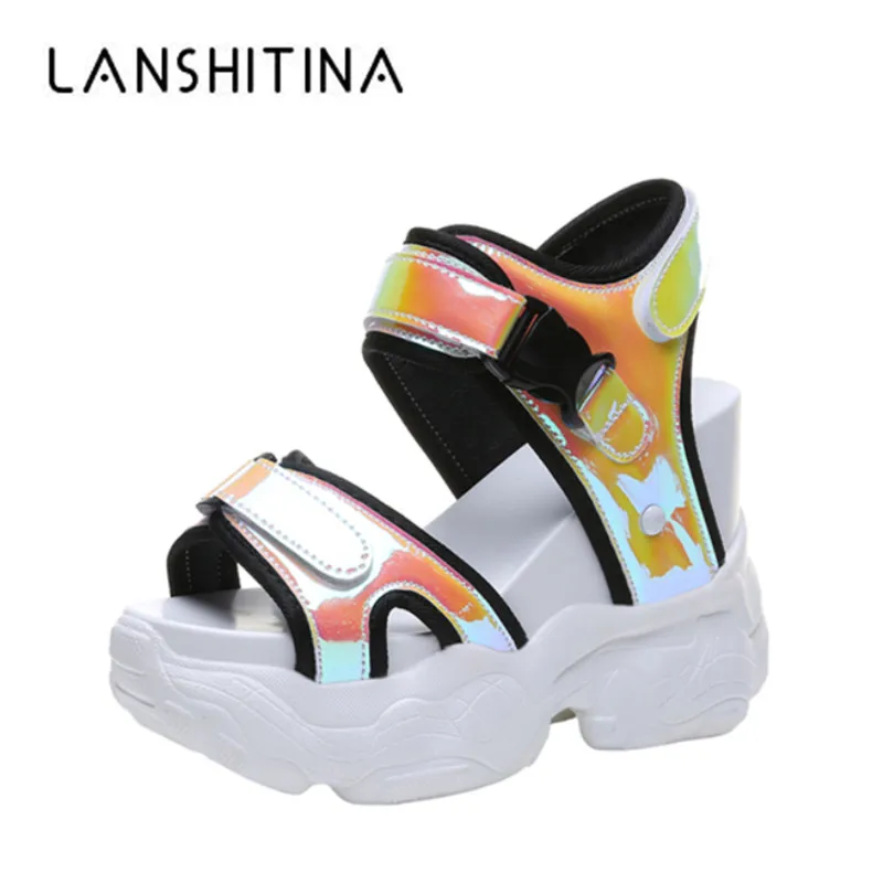 الصيف أزياء المرأة الصنادل 11.5 سنتيمتر الكعوب إسفين أحذية منصة بلينغ جلدية صندل كعب عالٍ للنساء المصارع رياضية