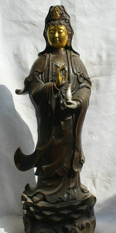 

Быстрая доставка USPS в США S2031 24 "китайская Бронзовая позолота стенд Kwan-yin Guan Yin Boddhisattva богиня ваза статуя