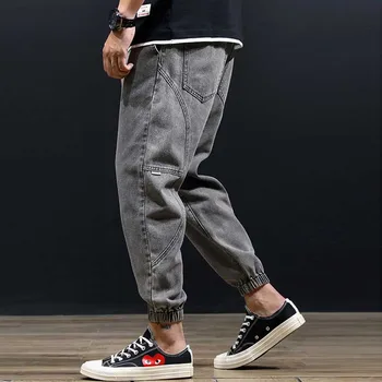 

Patchwork Harem Jeans Men Casual Joggers Jeans Hip Hop Elastic Waist Denim Pants Loose Baggy Taper Black Trousers Man Clothes