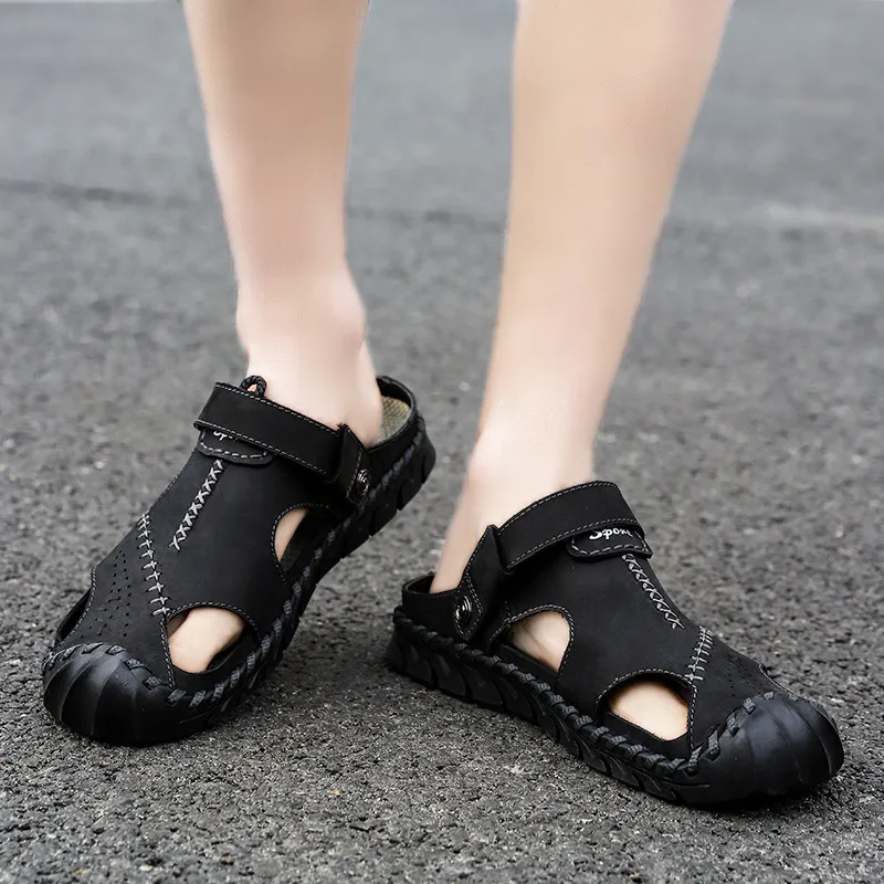 Big Size 6-12 Fisherman Close Toe Slippers Outside Man Summer Real Leather Sport Sandals Nonslip Beach Shoes