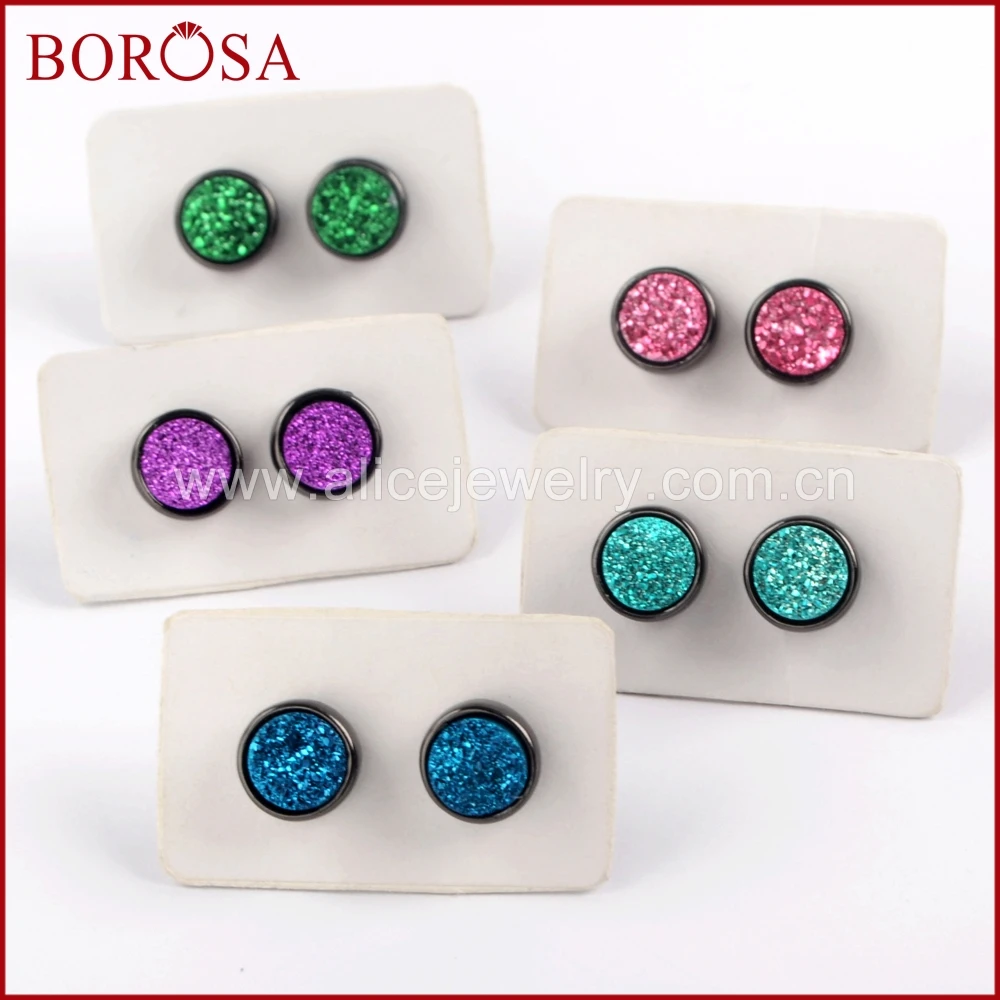 

BOROSA оптовая продажа 9 мм круглая мода Drusy Ювелирные изделия черный цвет рамки титановая Друза смешанные цвета гвоздики серьги для женщин ZB0328
