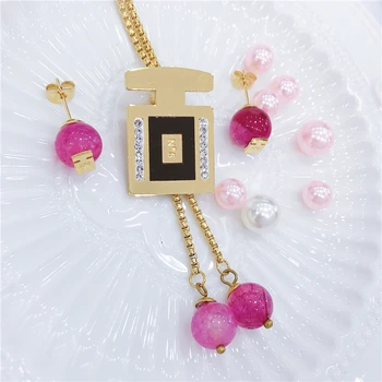 

Luxury Brand N*5 Stainless Steel Natural Stone Colorful Pendants Round Earrings Necklace Metal Chain Zirconia Shrinkable Chain