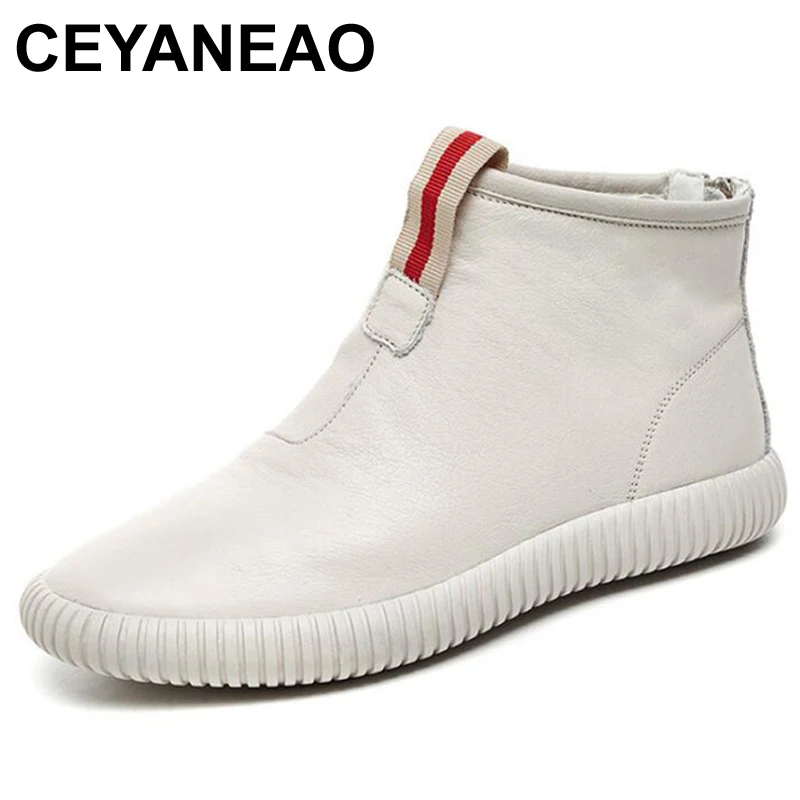 

CEYANEAO2018 New Vintage Style Genuine Leather Women Boots Flat Booties Soft Cowhide Women's Shoes Front Zip Ankle BootsE899