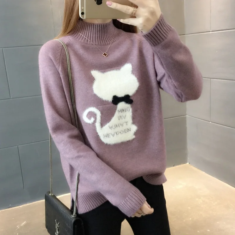 

New Autumn and Winter Cashmere Sweater Women High-Collar Thickened Pullover Loose Sweater Large Size Knitted Wool Shirt