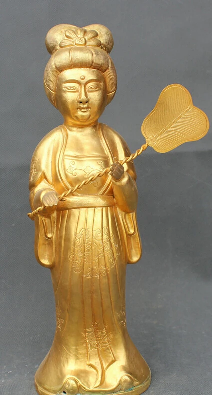 

USPS to USA S2367 14" Chinese Folk Copper Gilt Gold Stand Belle Woman Gal Girl Hold Fan Statue (B0413)