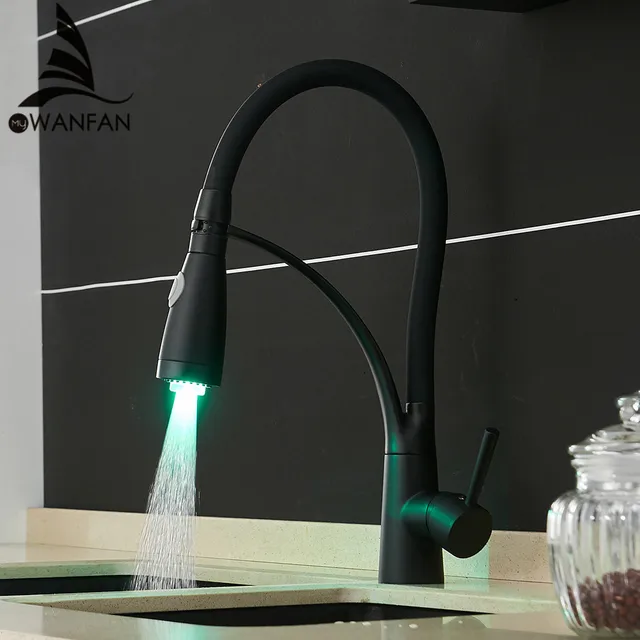 Best Quality LED Kitchen Faucets with Rubber Design Black Mixer Faucet for Kitchen Single Handle Pull Down Deck Mounted Crane GYD-7668