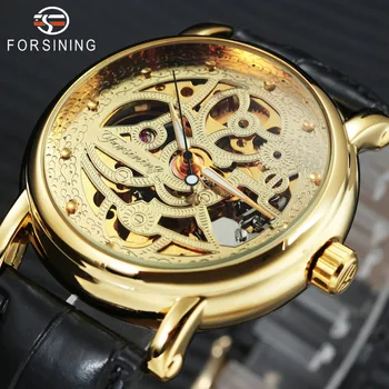 

FORSINING 2018 Mens Women Watches Top Brand Luxury Auto Mechanical Watch Golden Skeleton Dial Leather Strap Couple Wristwatch
