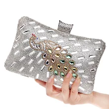 2016 neue Frauen Mode Pfau Drucke Day Kupplung Party Hochzeit Abendessen Abendtaschen Kristall Diamanten Brautjungfer Tag Kupplung Geldbörse
