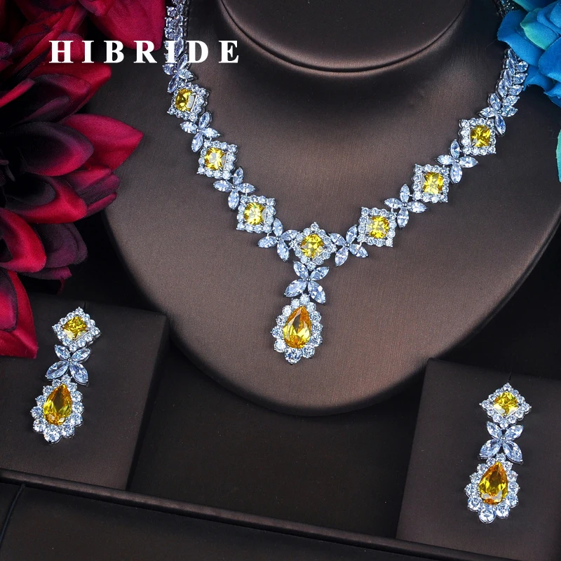 HIBRIDE Charm Yellow AAA Cubic Zirconia Jewelry Sets For Women Bridal Wedding Sets  Earring Necklace Set Gift Wholesale N-392