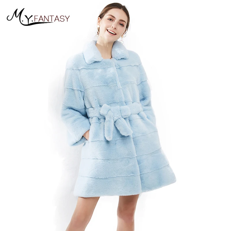 Des Collar D'hiver Slim Avec Manteau Femmes De Importations Naturel 2019 MYFansty Manteaux Menthe Turn Ceintures Fourrure Réel down Pur Vison IY2WDHE9