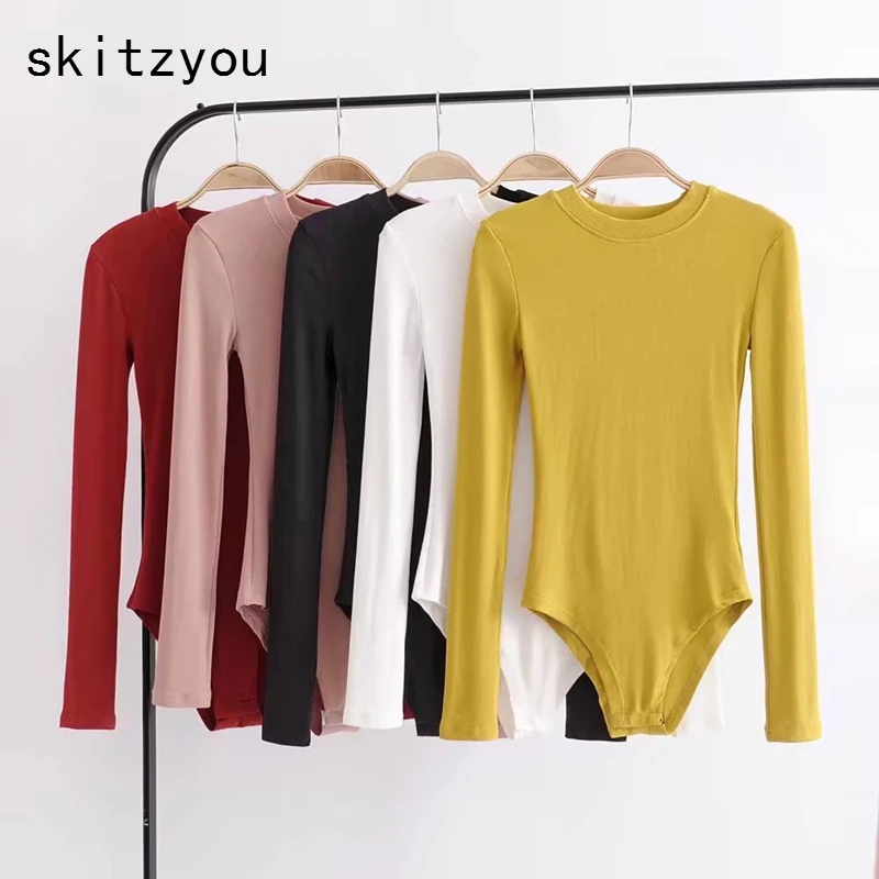 

skitzyou Autumn Winter Women Cotton Sexy Bodycon Bodysuits Overalls Elastic O Neck Long Sleeve Top Body Black White Jumpsuits