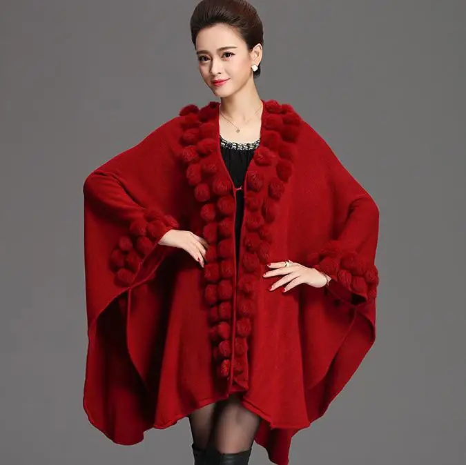 

Autumn and winter loose Large size Women cape shawl coat fur irregular wool knit cloak jacket Cardigan
