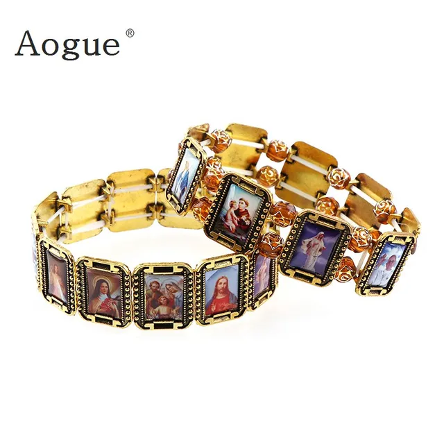 Elasticated Alloy Small Square Catholic Saints Bracelet Random Elasticated Alloy Small Square Catholic Saints Bracelet Random Images