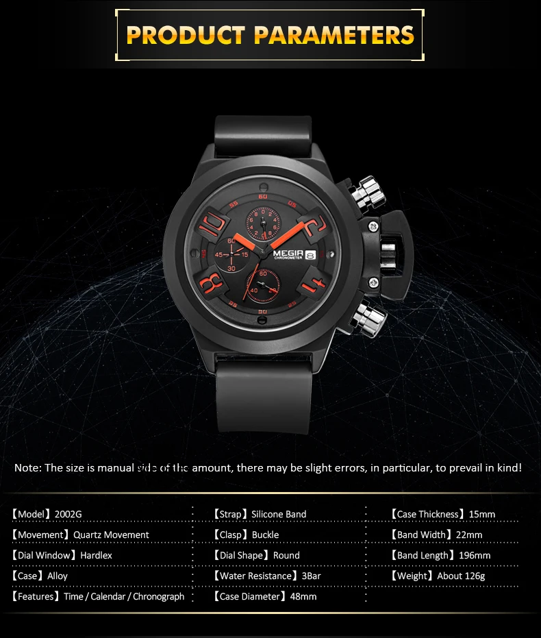 Мужские спортивные кварцевые часы MEGIR с 3D гравировкой и циферблатом, черные силиконовые водонепроницаемые военные часы с хронографом, Reloj Hombre