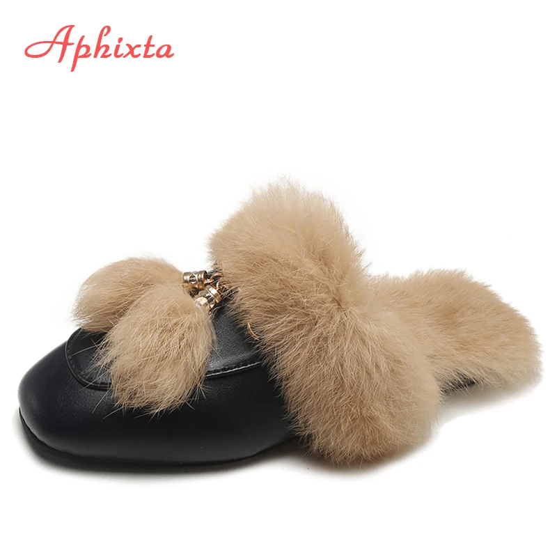 Online Aphixta zapatillas de piel Real zapatos mujer 2019 mulas zapatillas peludas de invierno cálido zapatos de mujer Zapatillas de moda pelo de conejo