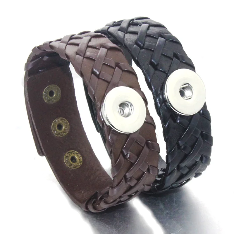 

24CM Adjustable Snap Bracelet Vintage Weave Real Leather Bracelet Fit 18mm Snap Button Bracelet For Women Jewelry 9376